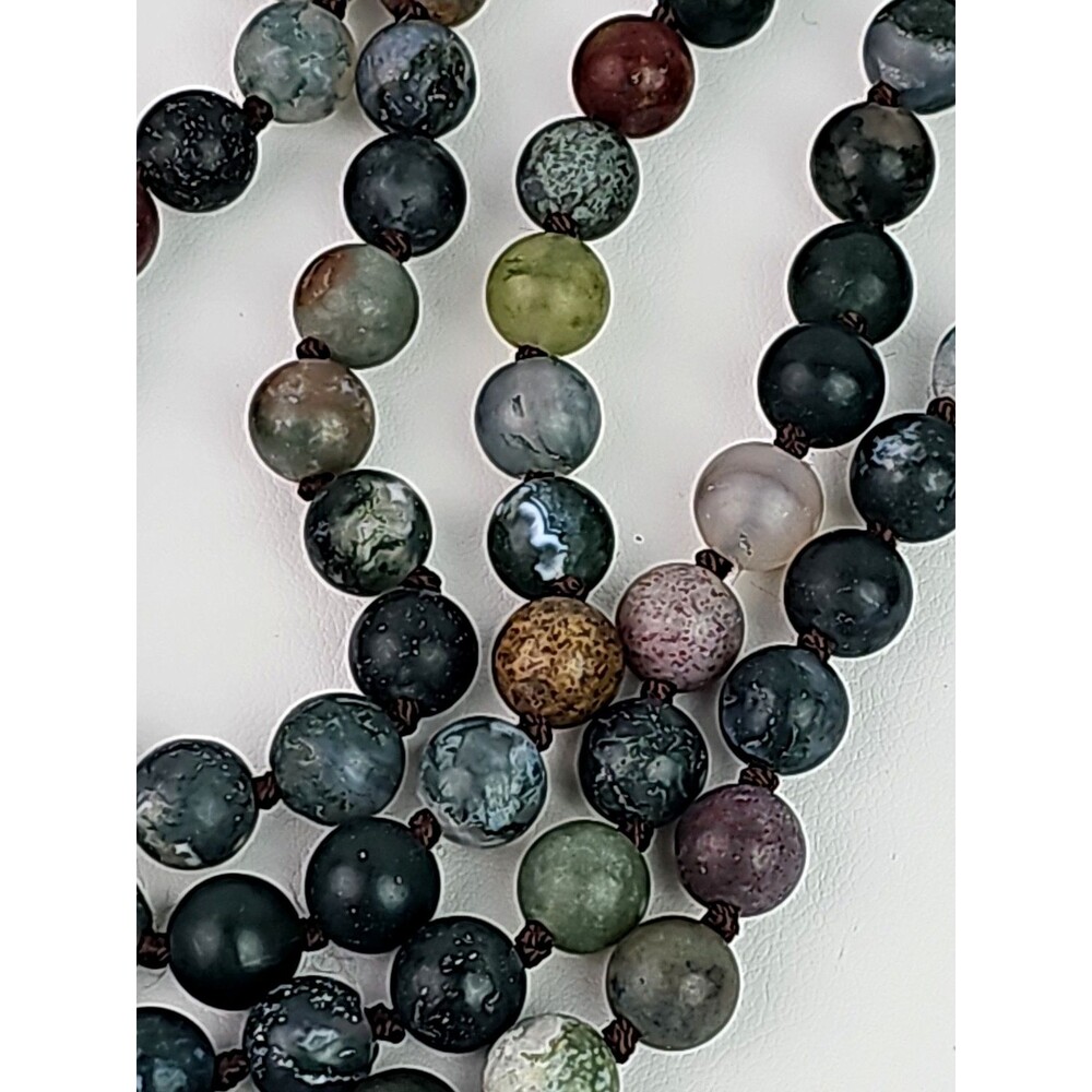 Vintage Frosted Indian Agate Necklace 56 in Matte Green Stone Beads Long Strand